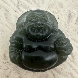 Vtg Green Laughing Buddha Budai Charm Pendant Feng Shui 2" Carved Jade Look '80s